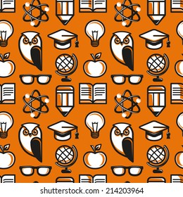 Vector seamless pattern in flat style with education icons and signs - abstract background and texture in yellow color