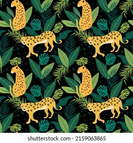 vector seamless pattern in flat style with leopards and tropical plants