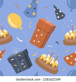 vector seamless pattern in flat style with gift boxes, cake and balloons