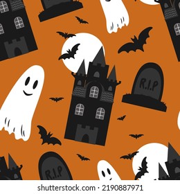 vector seamless pattern in flat style for halloween. pattern with ghosts, castles, bats