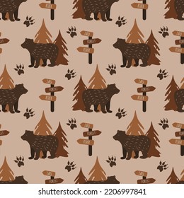 vector seamless pattern in flat style with bears, forest trees