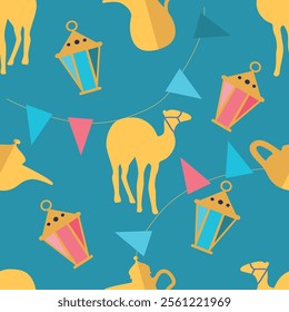 vector seamless pattern in flat style on the theme of Ramadan. Pattern with hand drawn lanterns,  camels, oriental coffee pots and lamps