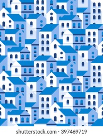 Vector seamless pattern with flat style houses. Small city or town texture.