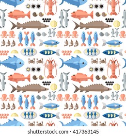Vector seamless pattern in a flat style. Pattern with seafood. Fish and seafood. Seafood background