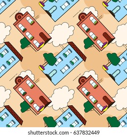 Vector seamless pattern in flat style - abstract buildings concept. Urban landscape for textile and backgrounds