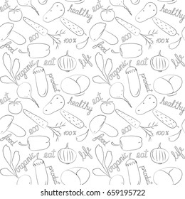 Vector seamless pattern (flat style, thin line) of hand drawn doodle vegetables on white background for organic, healthy  vegan food packaging-green labels sketch emblem for vegetarian products,shops.