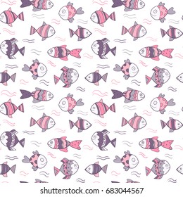 Vector seamless pattern in flat style with cute doodle fishes with outlines on white background in pink, violet and purple colors for kid clothes and surface design