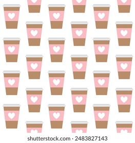 Vector seamless pattern of flat take away coffee cup isolated on white background