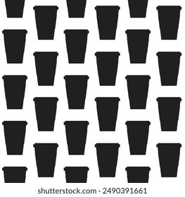 Vector seamless pattern of flat take away coffee cup silhouette isolated on white background