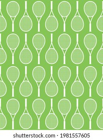 Vector seamless pattern of flat tennis racket silhouette isolated on green background