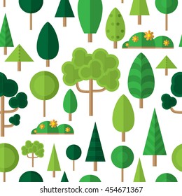 Vector seamless pattern with flat trees and flowers. 