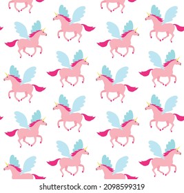 Vector seamless pattern of flat unicorn pegasus isolated on white background