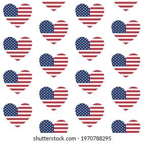 Vector seamless pattern of flat the USA American flag heart isolated on white background