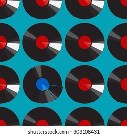 Vector seamless pattern with flat vinyl record on blue background