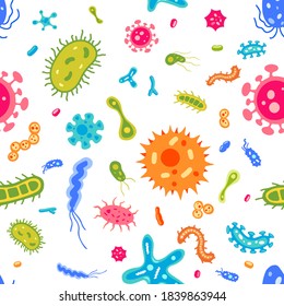 Vector seamless pattern: flat virus and microbe illustrations. Bacterium icon set. Colourful cartoon amoebas and bacillus texture. Beautiful collection of microorganisms.