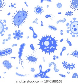 Vector Seamless Pattern: Flat Virus And Microbe Illustrations. Bacterium Icon Set. Colourful Cartoon Amoebas And Bacillus Texture. Beautiful Collection Of Microorganisms.