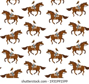 Vector seamless pattern of flat western cowboy girl woman riding running horse isolated on white background