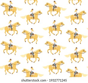 Vector seamless pattern of flat western cowboy girl woman riding running horse isolated on white background
