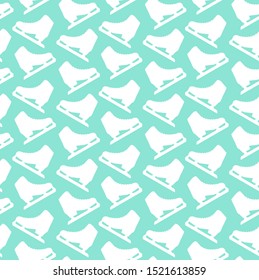 Vector seamless pattern of flat white ice skates silhouette isolated on mint background