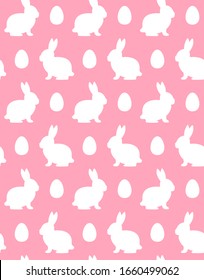 Vector seamless pattern of flat white bunny rabbit silhouette and egg isolated on pink background