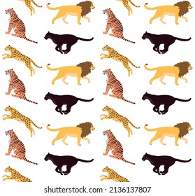 Vector seamless pattern of flat wild big cats isolated on white background