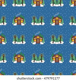Vector seamless pattern. Flat winter cartoon houses. Winter landscape, star sky, snow, snowman, pine trees, street lamp flat element for design