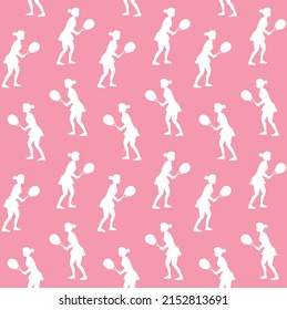 Vector seamless pattern of flat woman girl playing tennis silhouette isolated on pink background