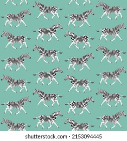Vector seamless pattern of flat zebra isolated on mint green background
