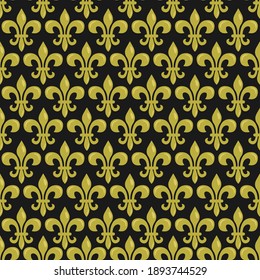 Vector seamless pattern with Fleur de Lis on black color; Mardi Gras background for wrapping paper, greeting cards, invitations, posters, banners.