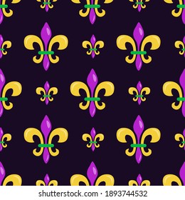 Vector seamless pattern with Fleur de Lis in traditional colors; Mardi Gras background for wrapping paper, greeting cards, invitations, posters, banners.