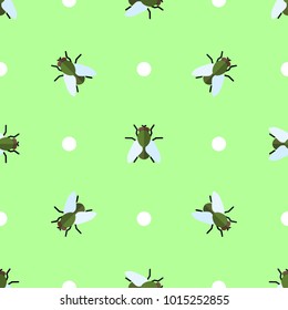 Vector seamless pattern with flies and circles on green background
