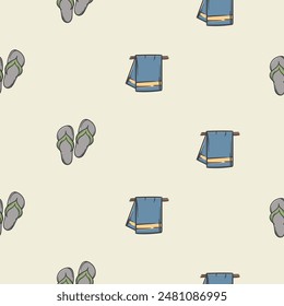 Vector seamless pattern with flip flops and towel. Simple endless background related to water treatments, spa and healthy lifestyle