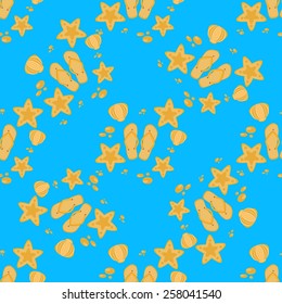 Vector seamless pattern with flip flops, starfish and seashells. Seamless beach background.