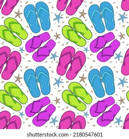 Vector seamless pattern with flip-flops and a starfish. Beach accessories for recreation. An idea for fashion illustrations, magazines, web design, packaging, wallpaper, textiles, postcards,marketing.