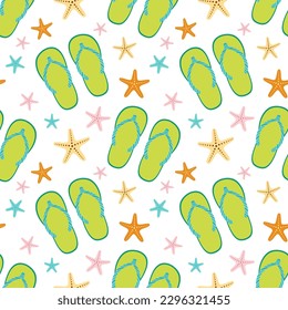 vector seamless pattern with flip-flops and starfish, summer beach accessories for recreation, colored simple print for web design, packaging, wallpaper, textiles, postcards, marketing