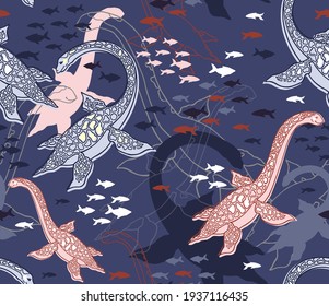 Dinosaurios flotantes de patrón vectorial sin fisuras, monstruos. El monstruo de Ness Nessie bajo el agua. Profundidad, abismo, habitantes submarinos. Diseño para impresión en embalaje, papel, papel pintado, textiles.