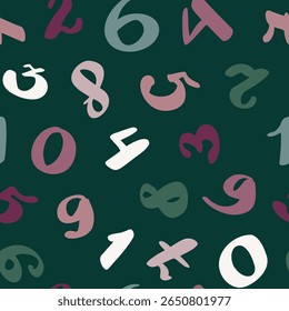 Vector seamless pattern with floating handwritten digits in soft shades on dark green background for calming bedding and sleepwear