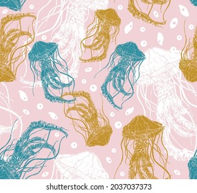 Vector seamless pattern floating jellyfish. Multicolored jellyfish on a gentle pink background. Design for printing on textiles, packaging, paper, wallpaper. 