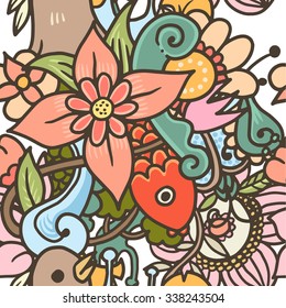 Vector seamless pattern with flora and fauna. 