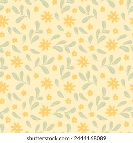 Vector seamless pattern. Floral abstract ornament. Chamomile blossom. Hand drawn simple style.  Spring summer collection for textile, apparel, wrapping, wallpaper. Yellow background.