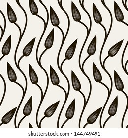 Vector seamless pattern. Floral background with vertical branches. Leaves and berries in hatching style