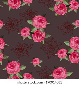 Vector seamless pattern, floral background,  pink roses and roses silhouette