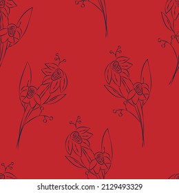 Vector. Seamless pattern. Floral background in doodle style ink. Contour sketch of a flower. Hand drawn line sketch of flowering daffodil, leaves. Minimalism. Wallpaper, gift wrapping, textile design.
