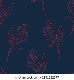 Vector. Seamless pattern. Floral background in doodle style ink. Contour sketch of a flower. Hand drawn line sketch of flowering daffodil, leaves. Minimalism. Wallpaper, gift wrapping, textile design.