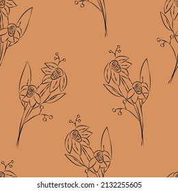Vector. Seamless pattern. Floral background in doodle style ink. Contour sketch of a flower. Hand drawn line sketch of flowering daffodil, leaves. Minimalism. Wallpaper, gift wrapping, textile design.