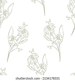 Vector. Seamless pattern. Floral background in doodle style ink. Contour sketch of a flower. Hand drawn line sketch of flowering daffodil, leaves. Minimalism. Wallpaper, gift wrapping, textile design.