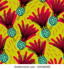 Vector seamless pattern. Floral background. Hand drawn elements.  Green background.