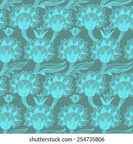 Vector seamless pattern. Floral background. Hand drawn elements. Blue oriental print.