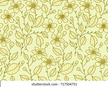 Vector seamless pattern. Floral background in vintage style. Decorative contour flowers. Linear ornament for textiles on gold background. The elegant the template for fashion prints. Floral bouquet.
