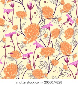 Vector Seamless Pattern with Floral Beauty concept. Hand drawn flat and doodle style for design. Best For Fabric Printing, wrapping, Apparel, Textiles, Wallpaper, Backgrounds and anything as needed.